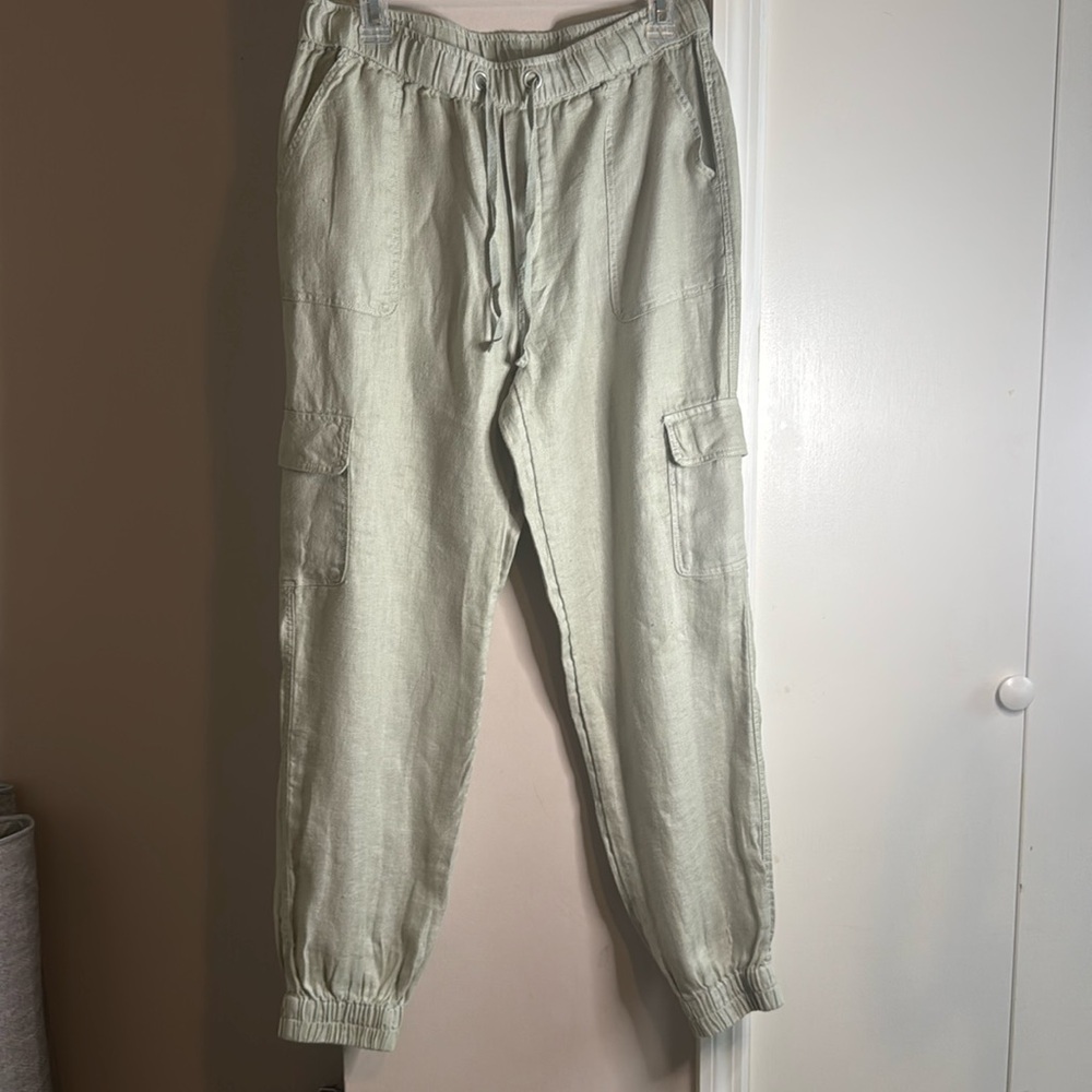 Nicole Miller Women’s Joggers Large Green 100% Linen Stretch Draw String Waist